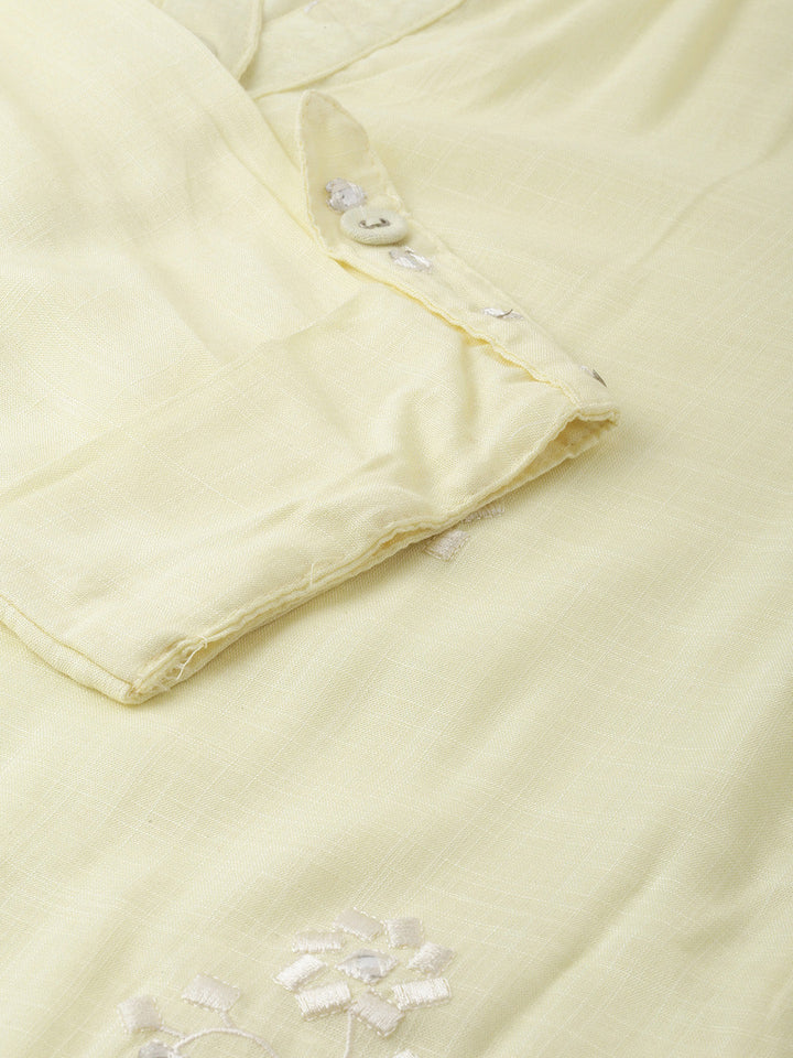 Neerus Yellow rayon embroidered straight kurti - detail view 3