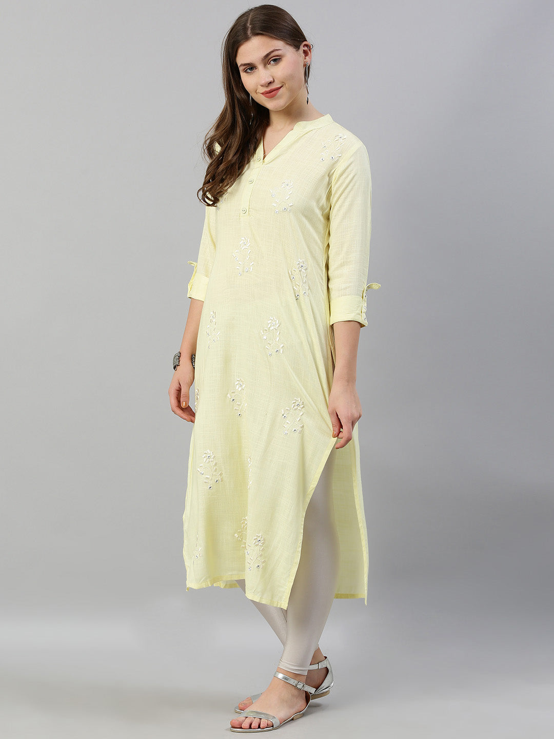 Neerus Yellow rayon embroidered straight kurti - back view