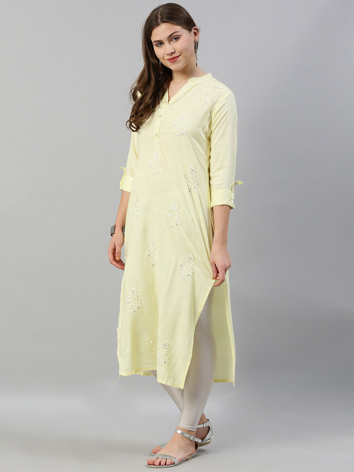Neerus Yellow rayon embroidered straight kurti - back view
