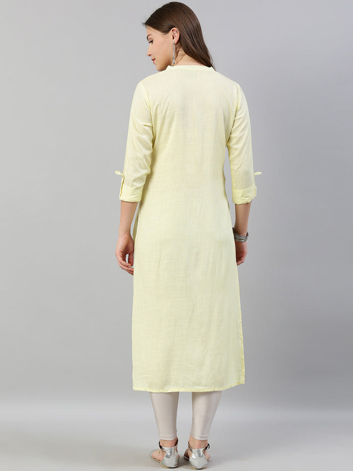 Neerus Yellow rayon embroidered straight kurti - side view