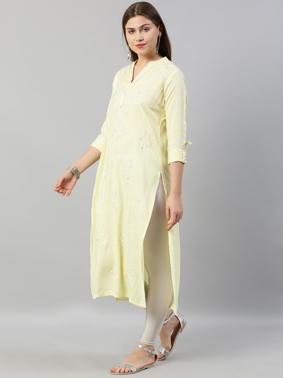 Neerus Yellow rayon embroidered straight kurti - detail view 1