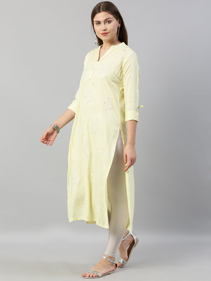 Neerus Yellow rayon embroidered straight kurti - detail view 1