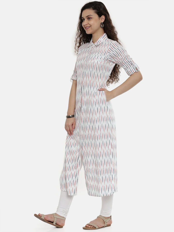 Neerus White Slub Cotton Woven Kurti - back view