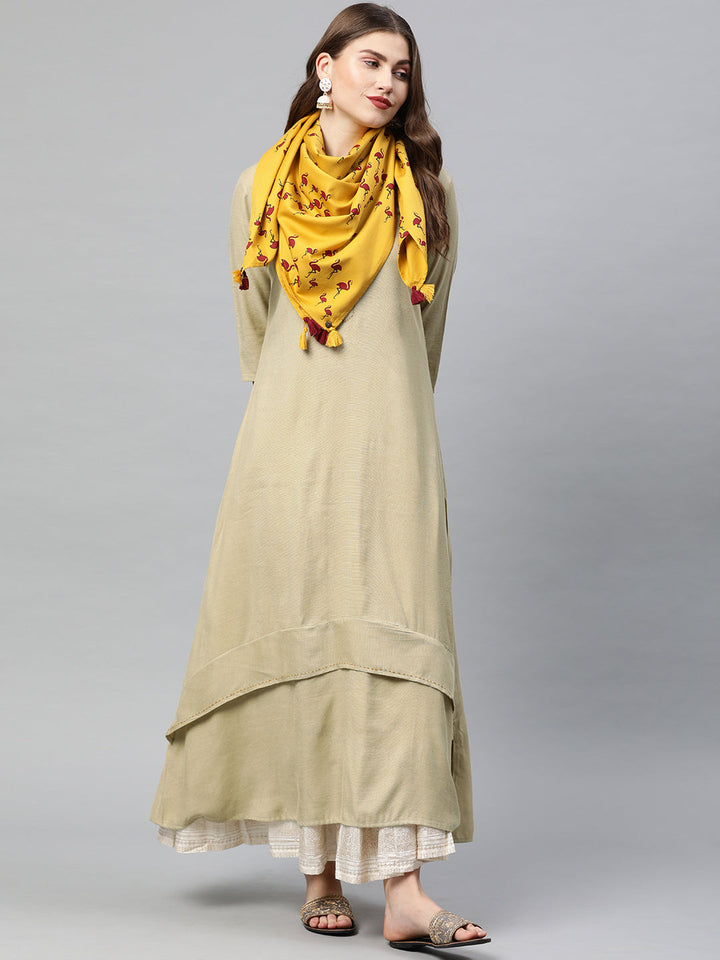 Neerus Beige rayon Anarkali kurta with scarf - front view