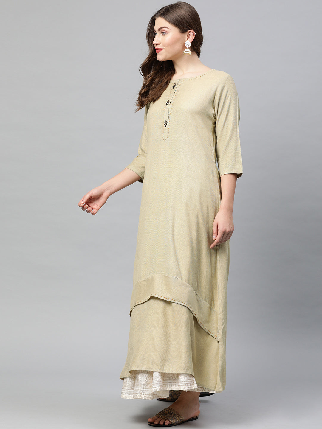 Neerus Beige rayon Anarkali kurta with scarf - detail view 1
