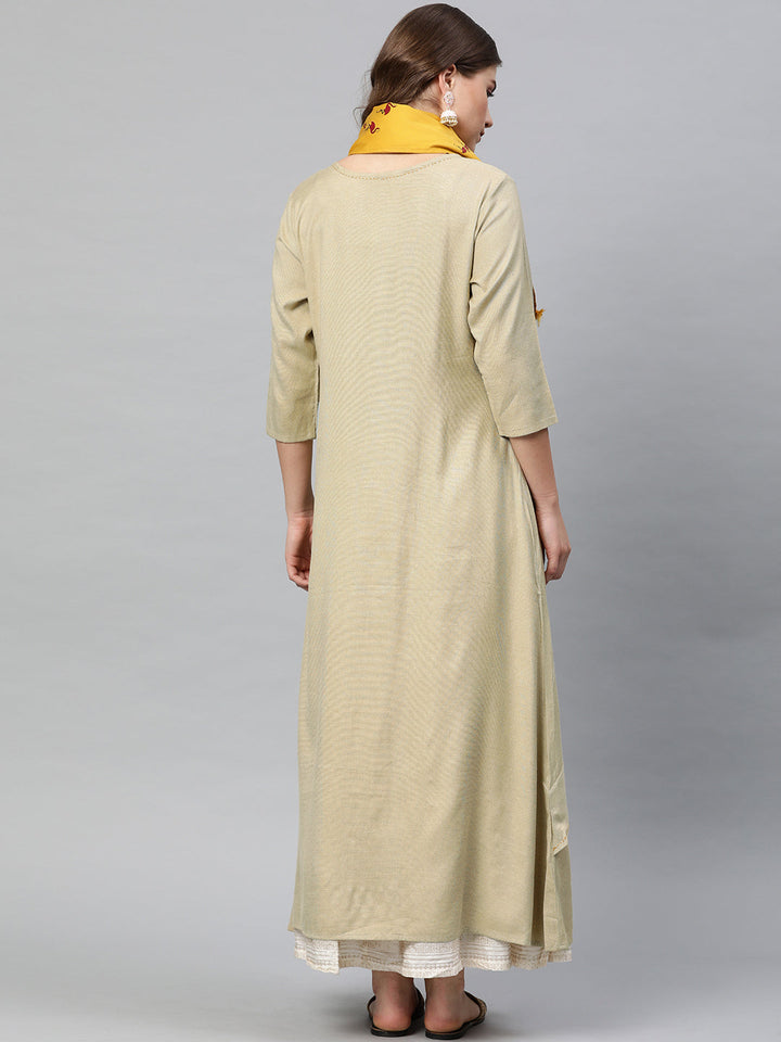 Neerus Beige rayon Anarkali kurta with scarf - detail view 2