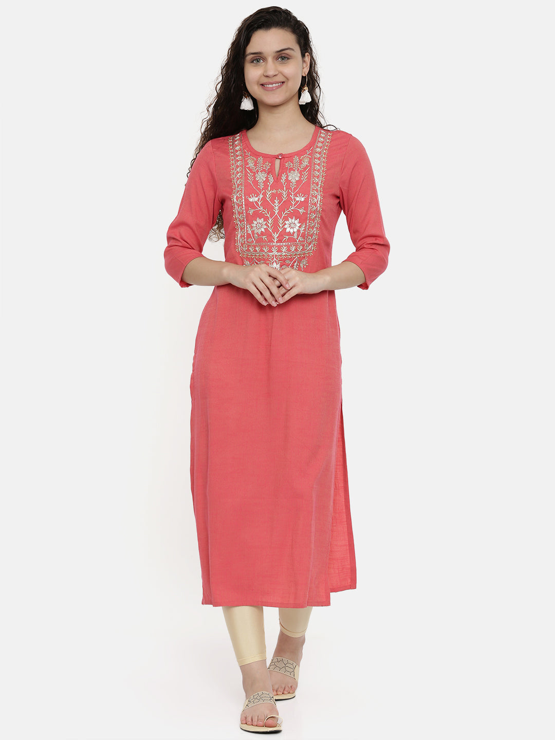 Neerus Pink rayon embroidered A-line kurti - front view