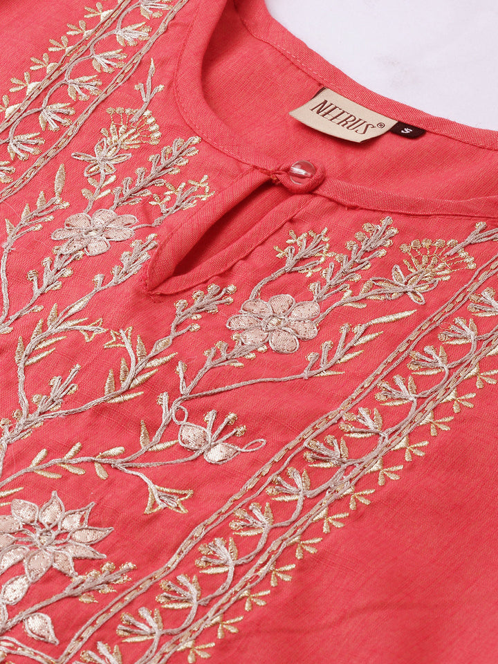 Neerus Pink rayon embroidered A-line kurti - side view