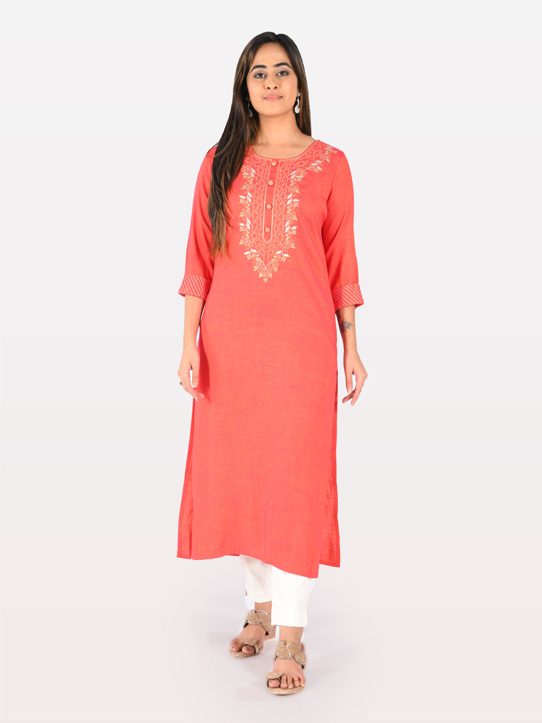 Neerus Red viscose rayon solid kurti - front view