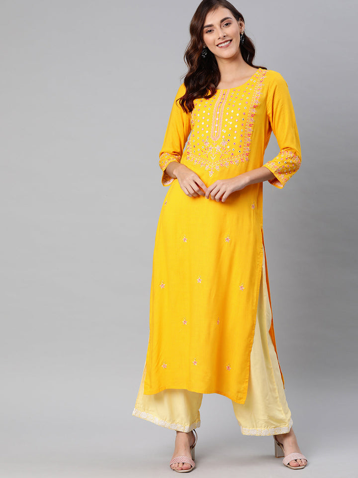 Neerus Yellow rayon embroidered straight kurta - front view