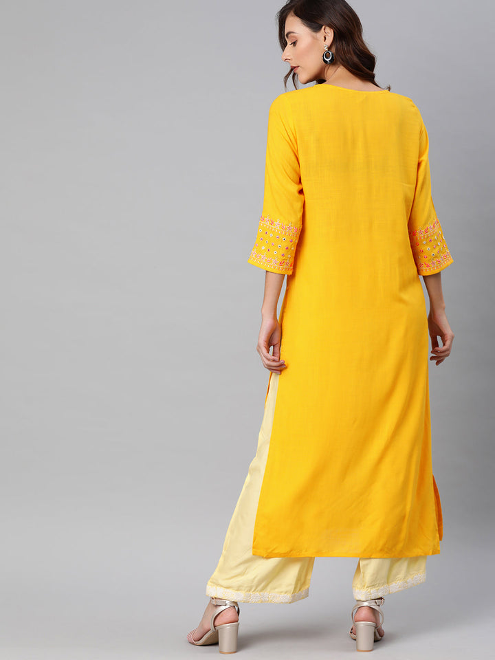Neerus Yellow rayon embroidered straight kurta - side view