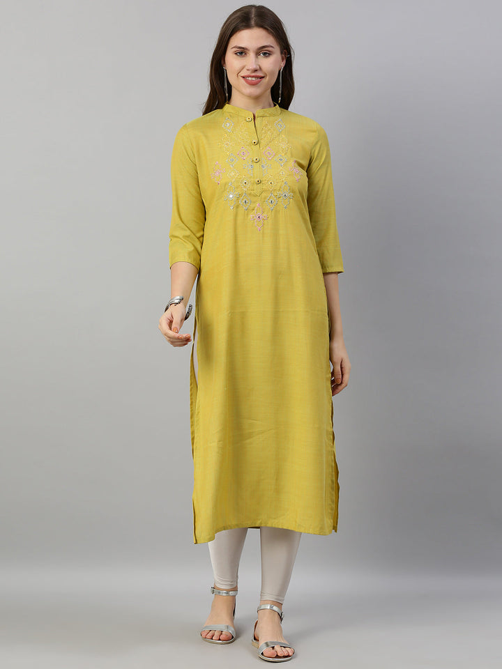 Neerus Yellow rayon mirror work straight kurti - front view
