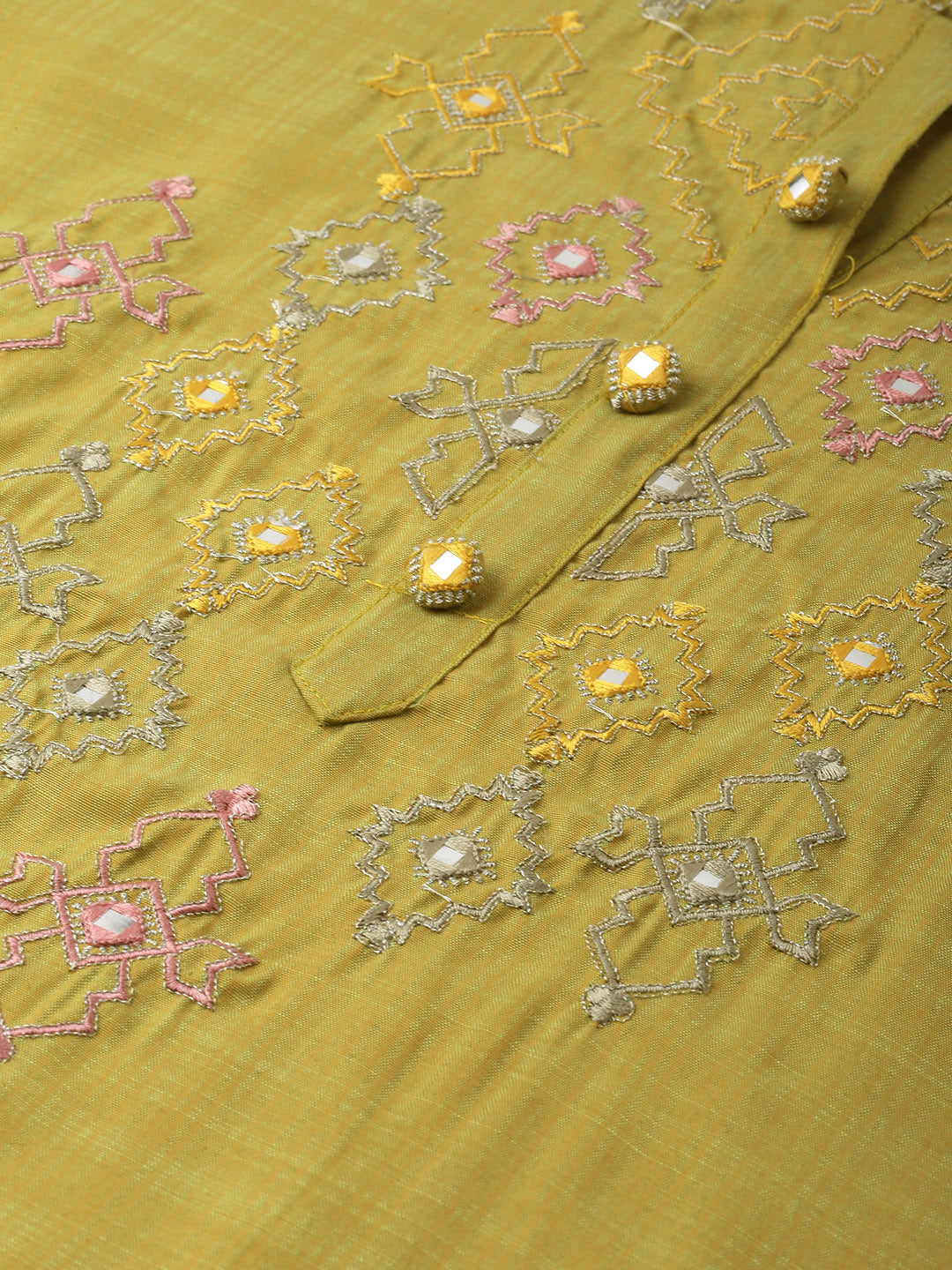 Neerus Yellow rayon mirror work straight kurti - back view