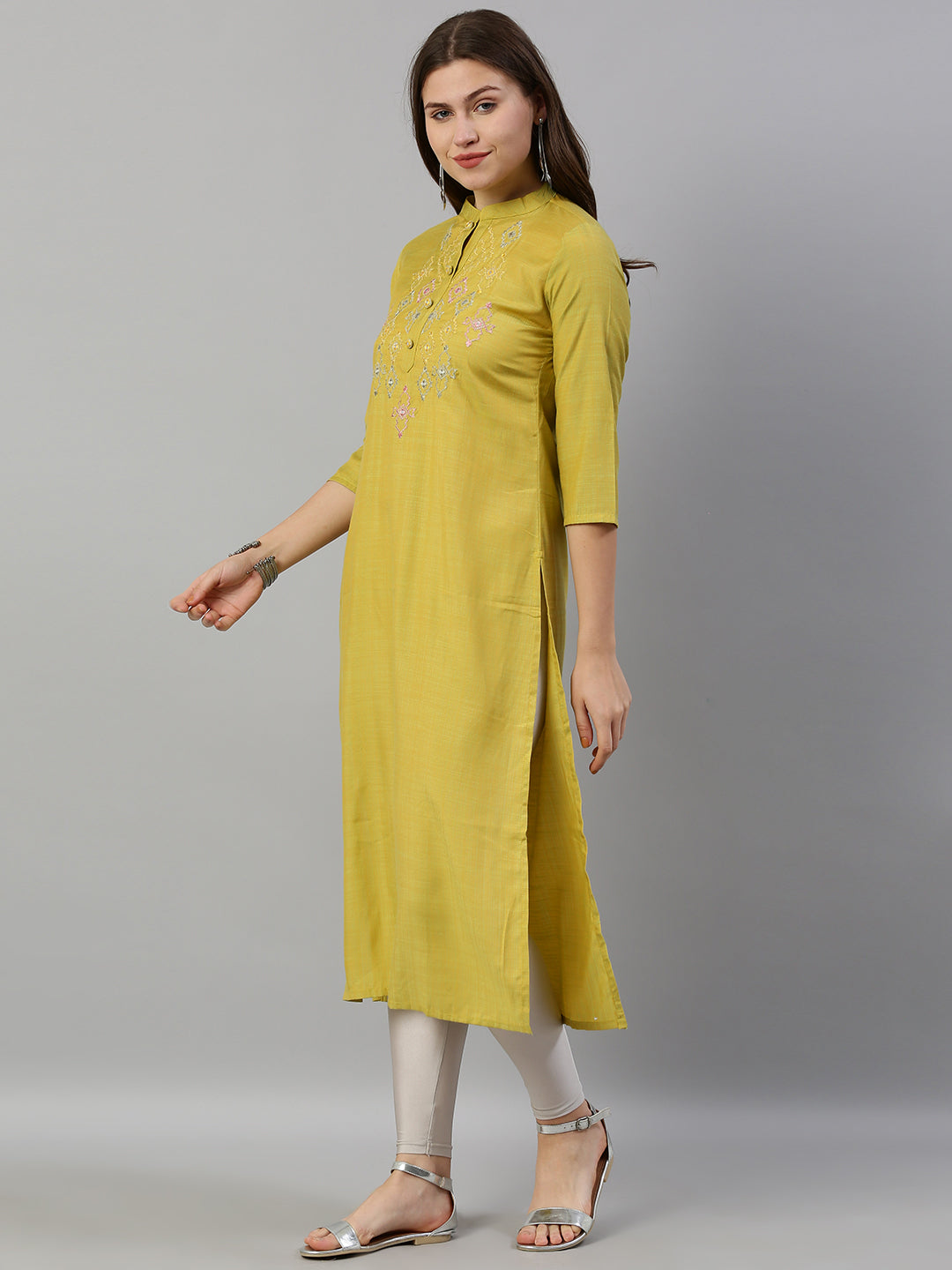Neerus Yellow rayon mirror work straight kurti - side view