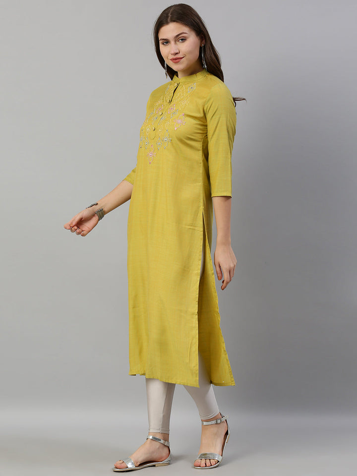Neerus Yellow rayon mirror work straight kurti - side view