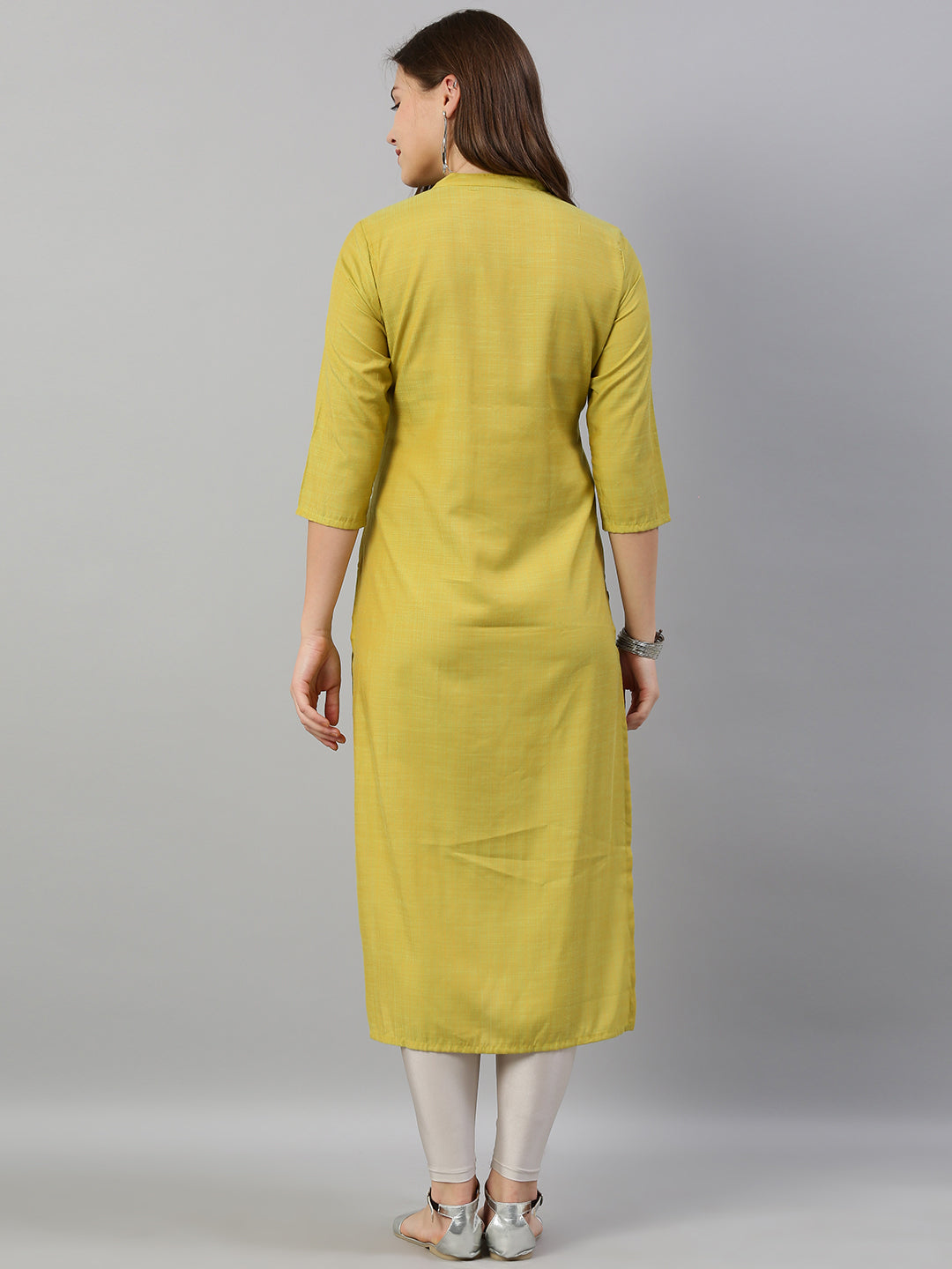 Neerus Yellow rayon mirror work straight kurti - detail view 1
