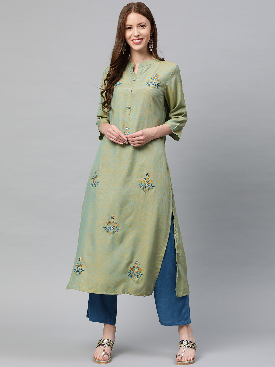 Neerus Green rayon embroidered straight kurta - front view