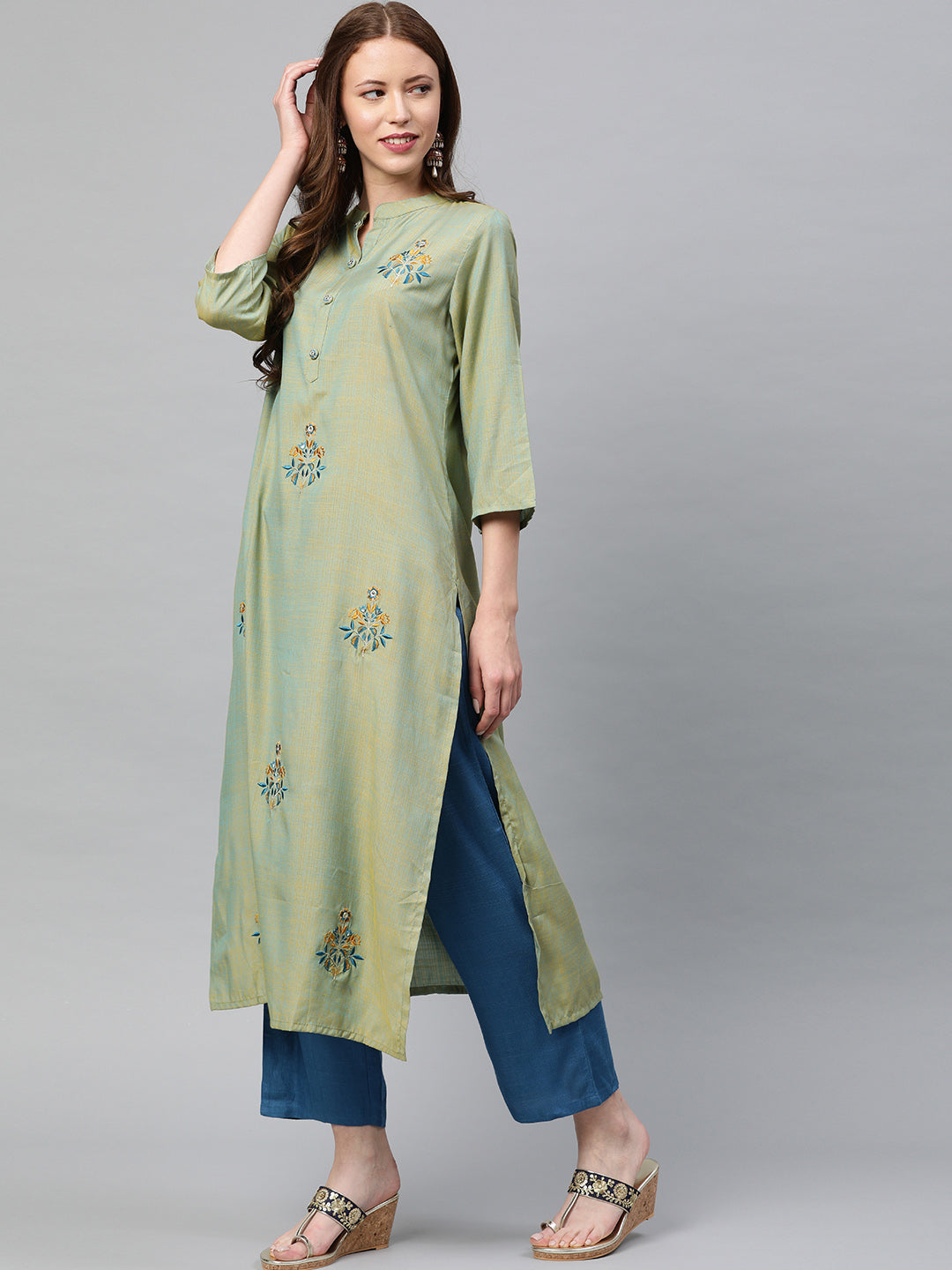 Neerus Green rayon embroidered straight kurta - side view