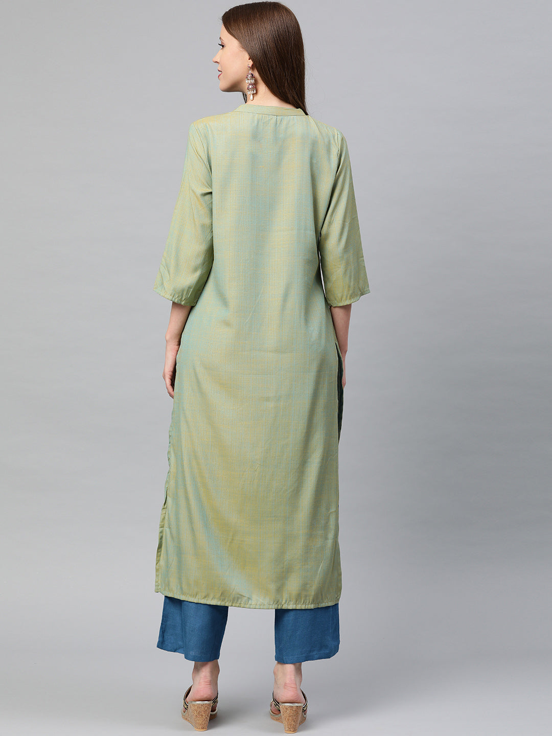Neerus Green rayon embroidered straight kurta - detail view 1