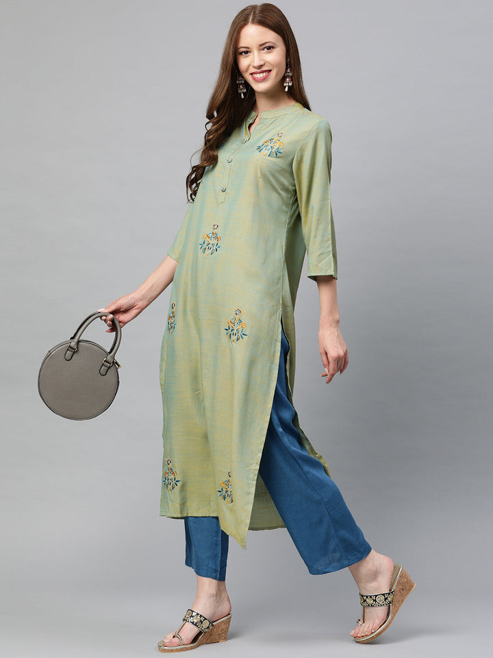 Neerus Green rayon embroidered straight kurta - detail view 2