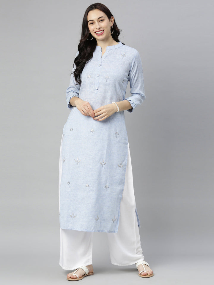 Neerus Blue embroidered straight kurta - front view