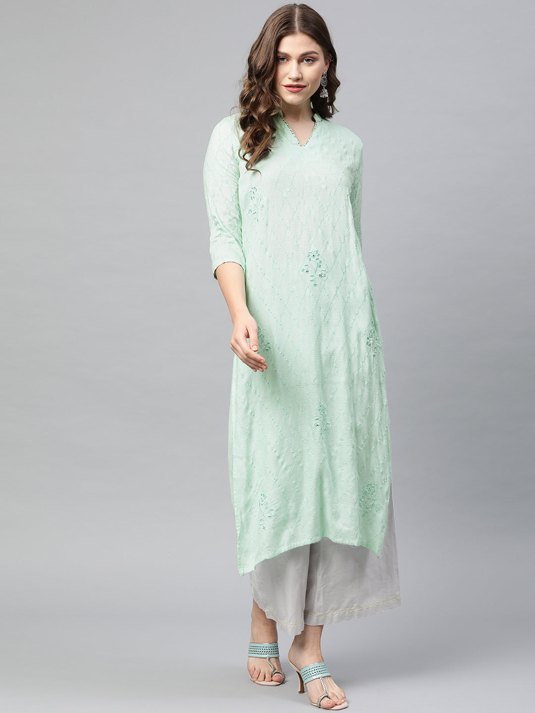Neerus Green rayon embroidered straight kurta - front view