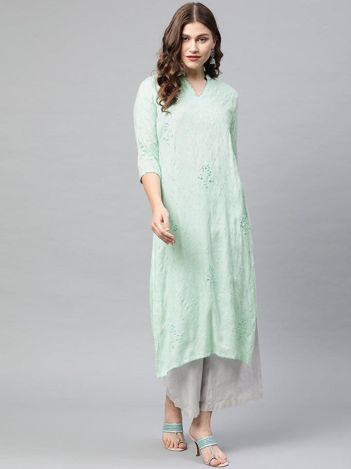 Neerus Green rayon embroidered straight kurta - front view