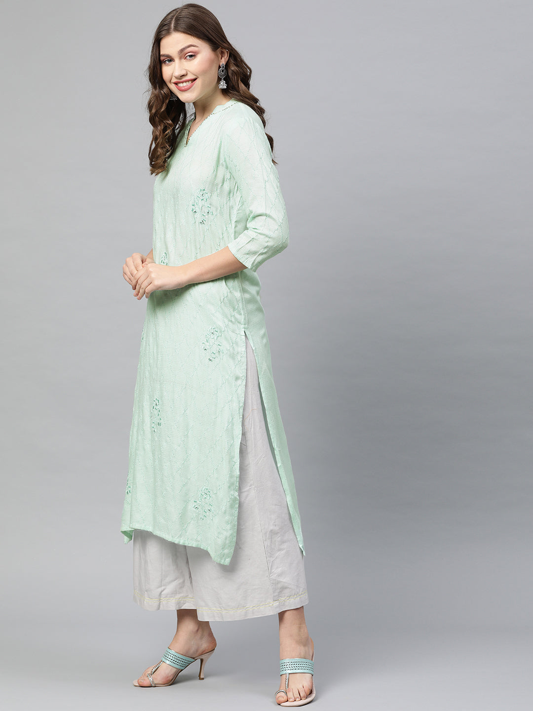 Neerus Green rayon embroidered straight kurta - side view