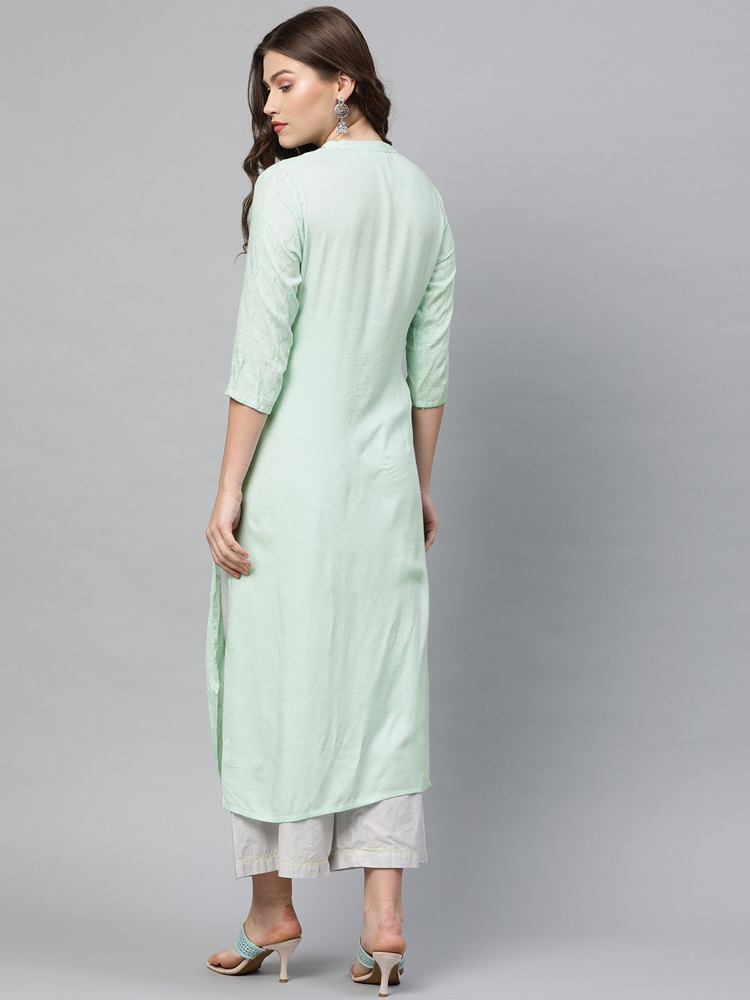 Neerus Green rayon embroidered straight kurta - detail view 1