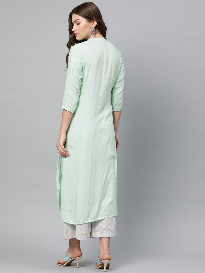 Neerus Green rayon embroidered straight kurta - detail view 1