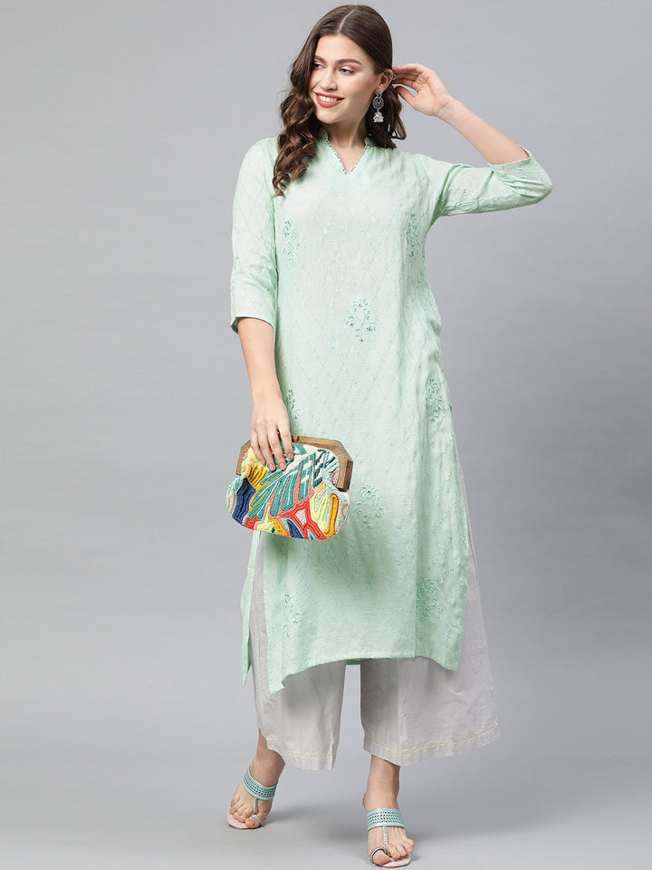 Neerus Green rayon embroidered straight kurta - detail view 2