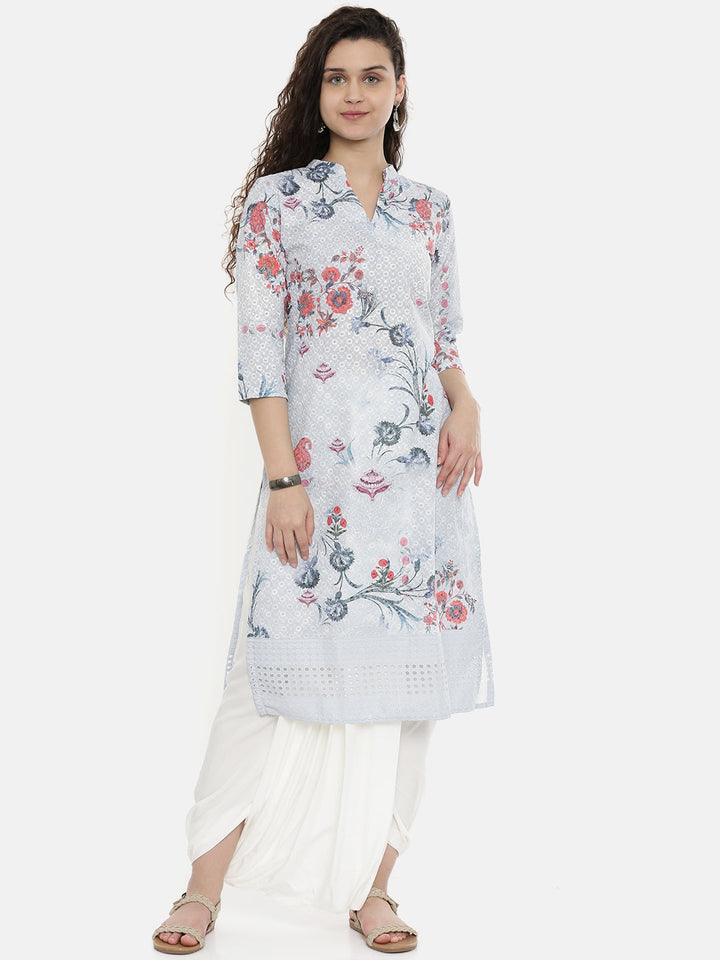 Neerus Grey printed straight kurta - front view