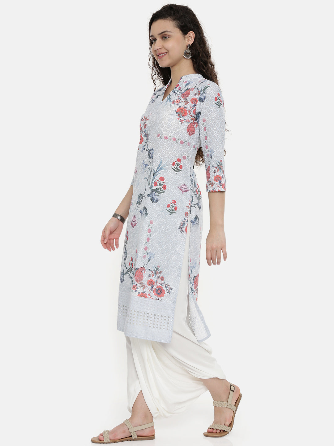 Neerus Grey printed straight kurta - side view