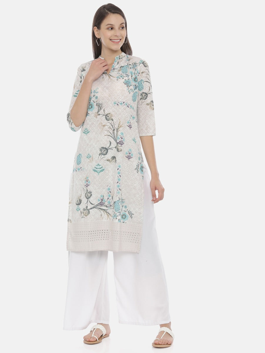 Neerus White embroidered straight kurta - front view