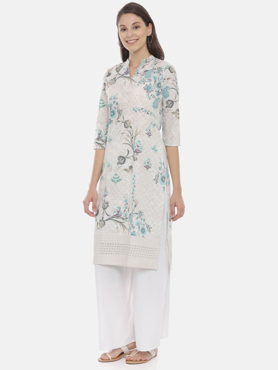 Neerus White embroidered straight kurta - side view
