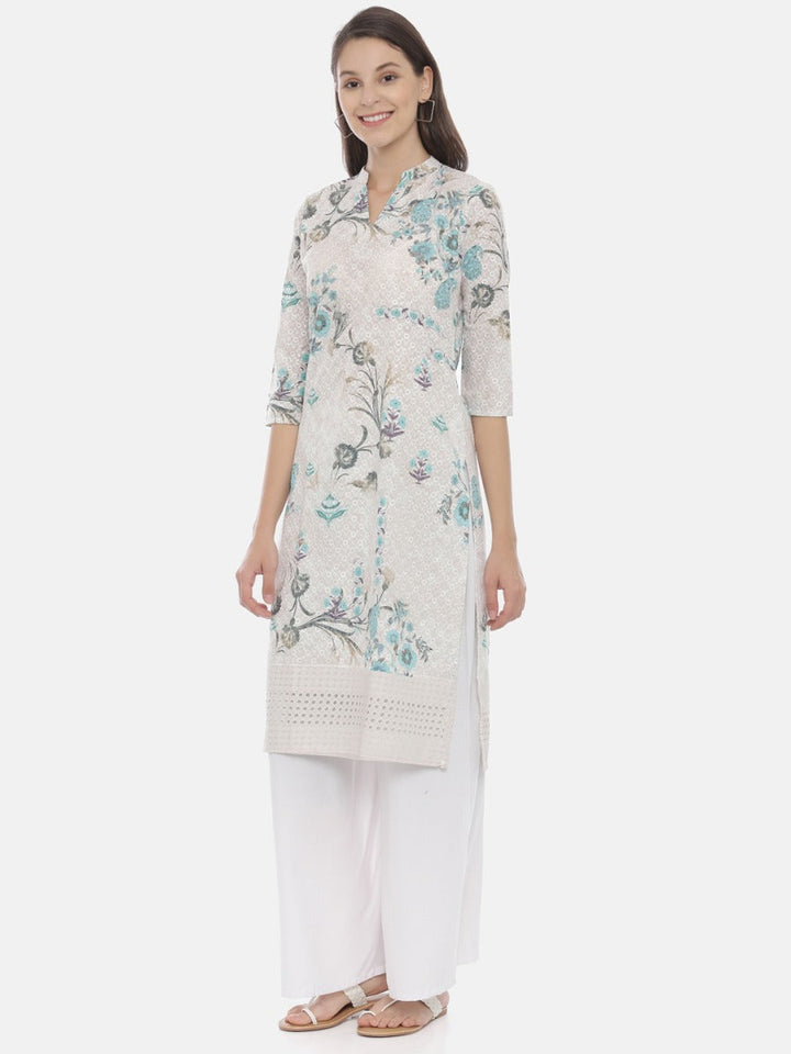 Neerus White embroidered straight kurta - side view