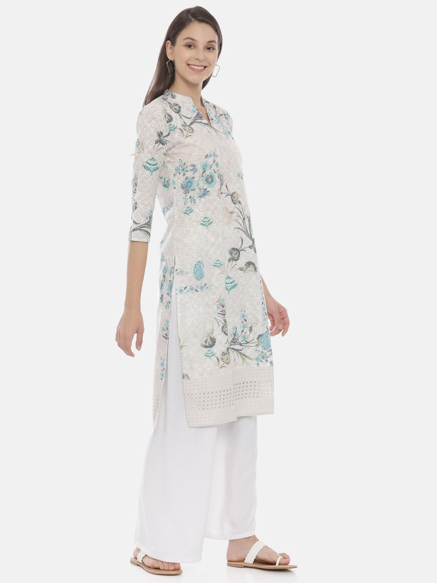 Neerus White embroidered straight kurta - detail view 1