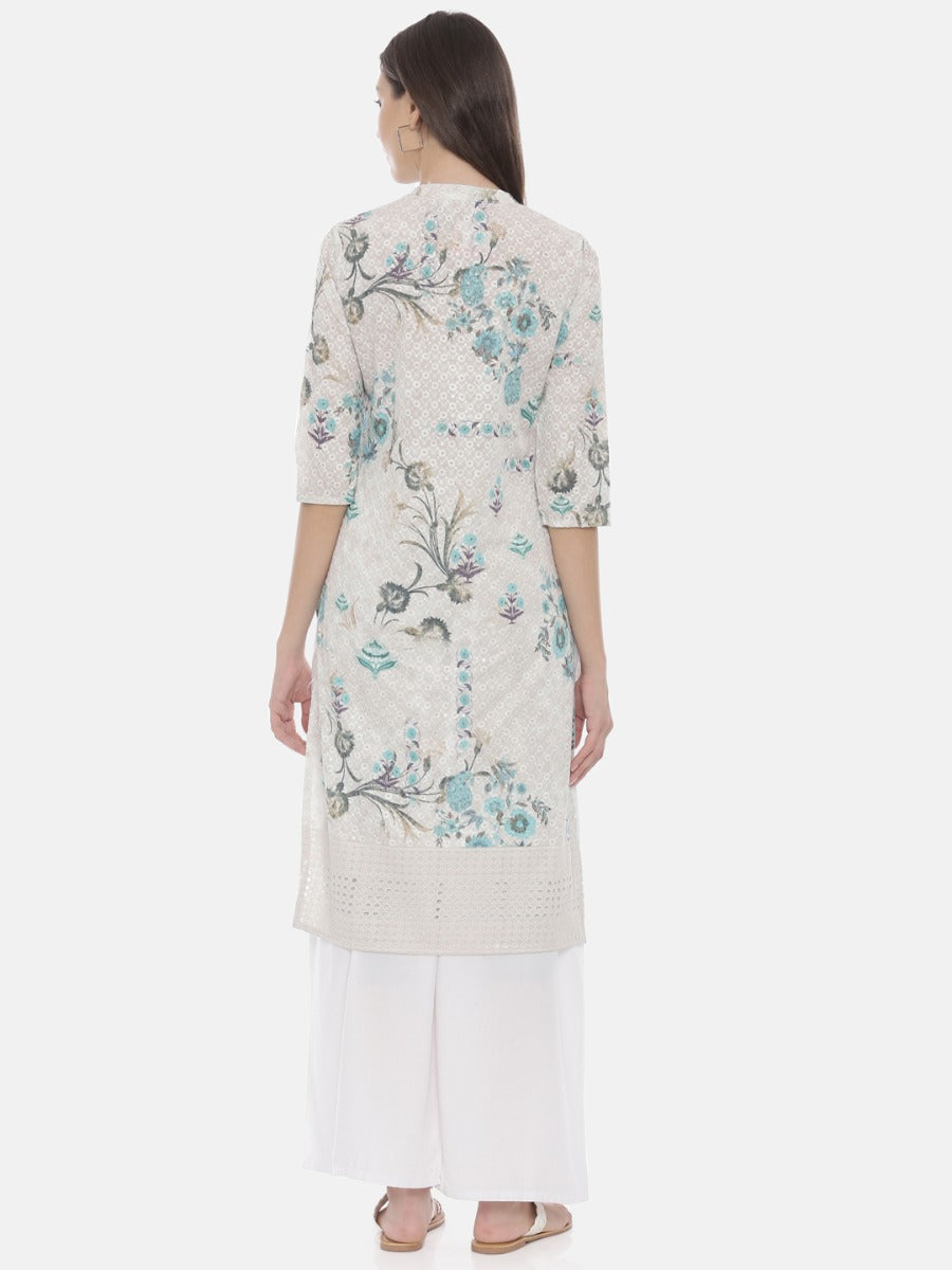 Neerus White embroidered straight kurta - detail view 2