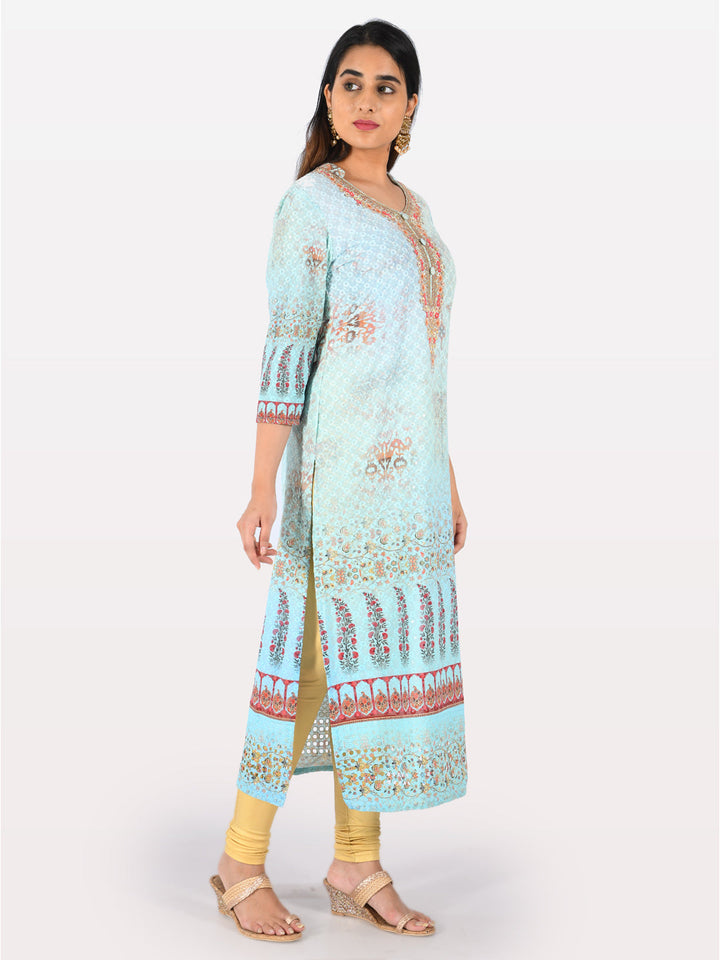 Neerus Blue embroidered straight kurta - back view