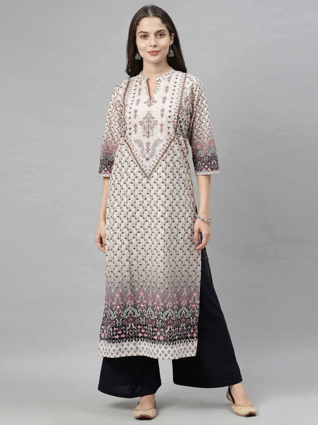 Neerus Beige embroidered straight kurta - front view