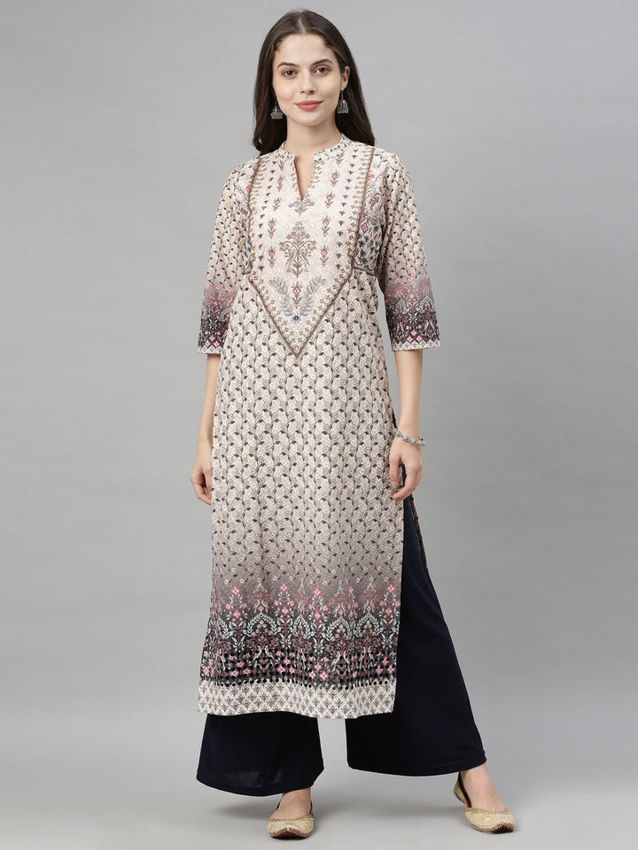 Neerus Beige embroidered straight kurta - front view