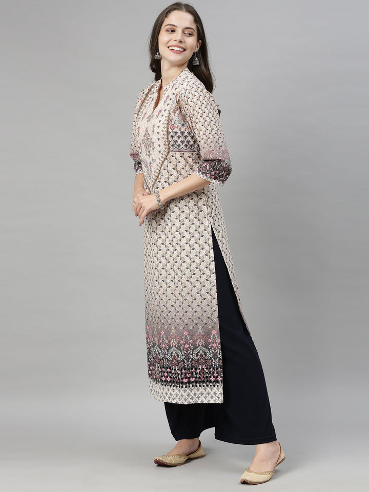 Neerus Beige embroidered straight kurta - detail view 2