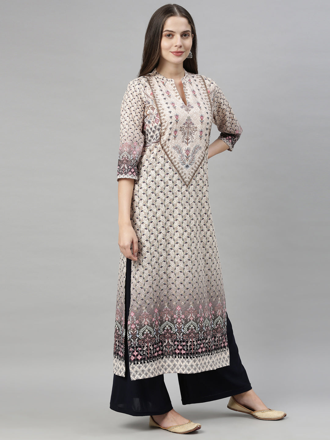Neerus Beige embroidered straight kurta - detail view 3