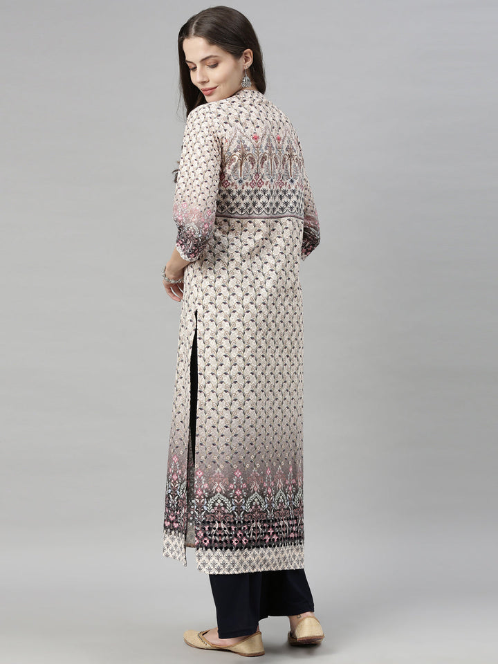 Neerus Beige embroidered straight kurta - detail view 4