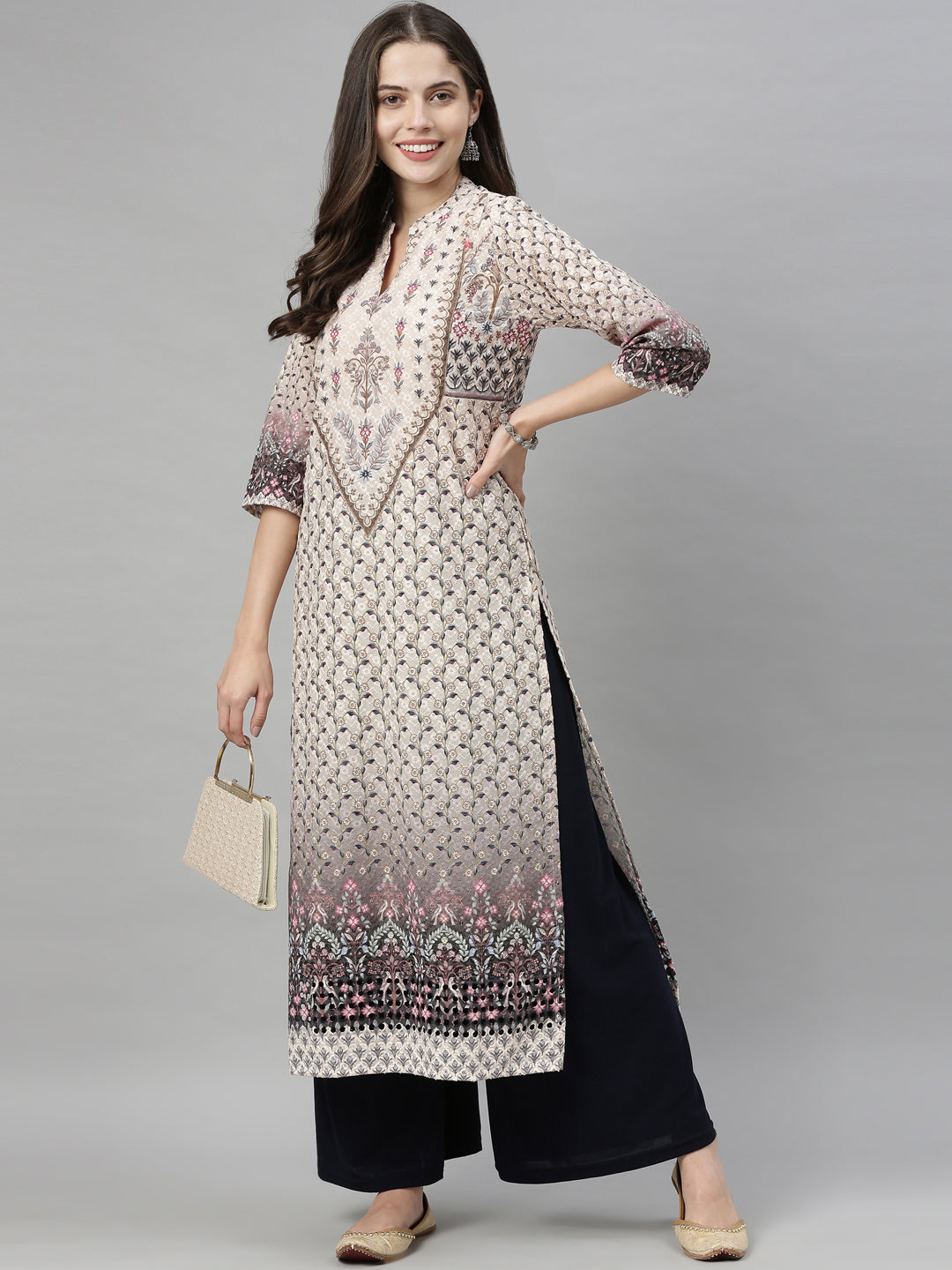 Neerus Beige embroidered straight kurta - detail view 5