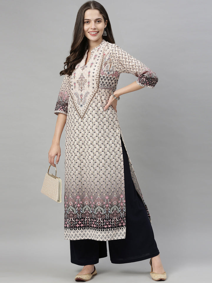 Neerus Beige embroidered straight kurta - detail view 5