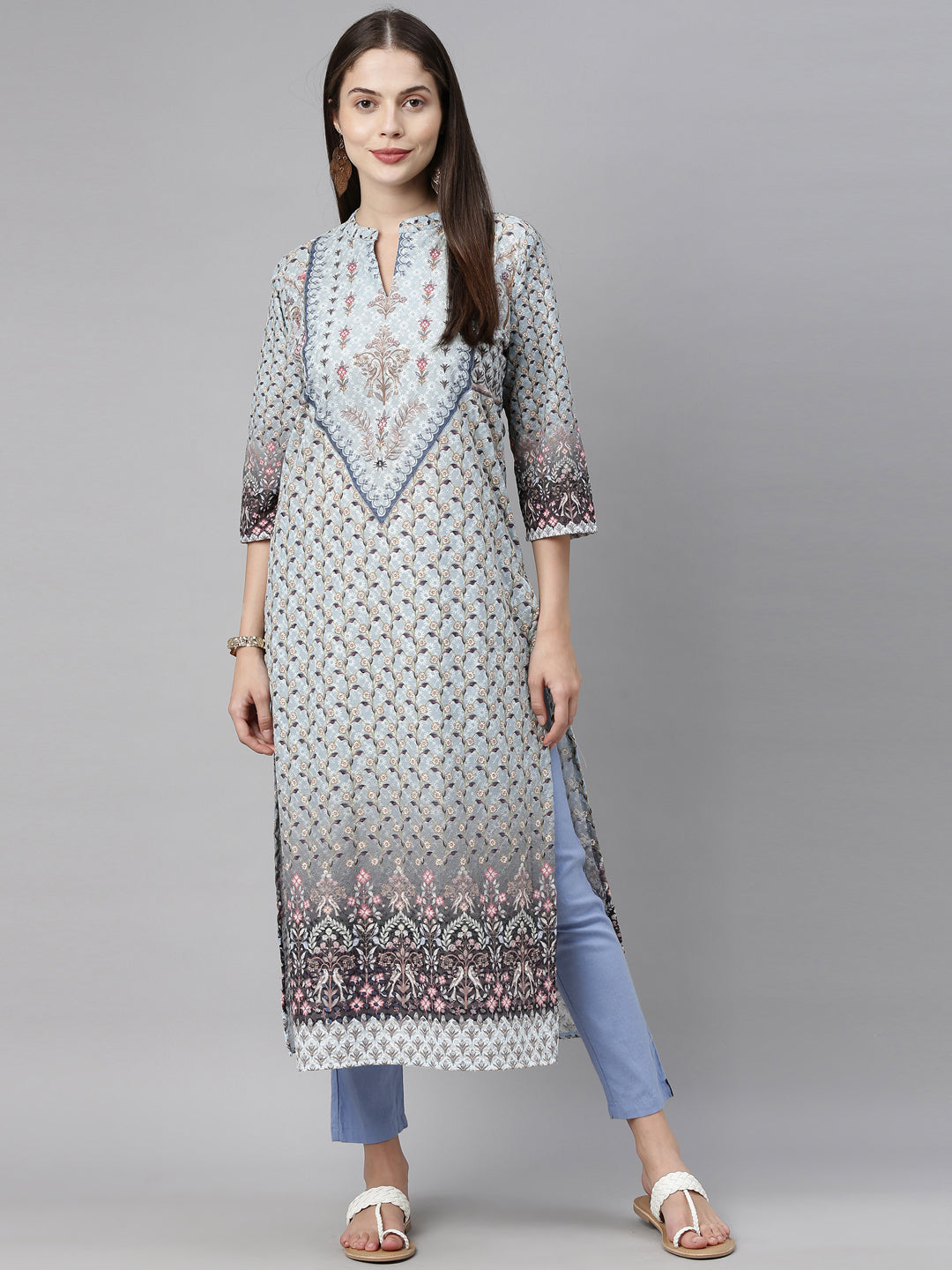 Neerus Blue cotton chikankari kurti - front view