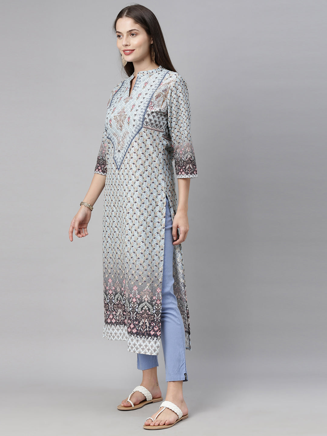 Neerus Blue cotton chikankari kurti - detail view 2