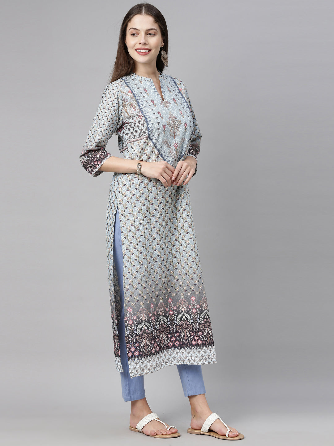Neerus Blue cotton chikankari kurti - detail view 3