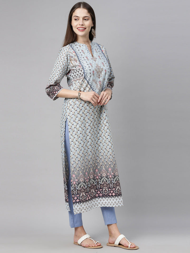 Neerus Blue cotton chikankari kurti - detail view 3